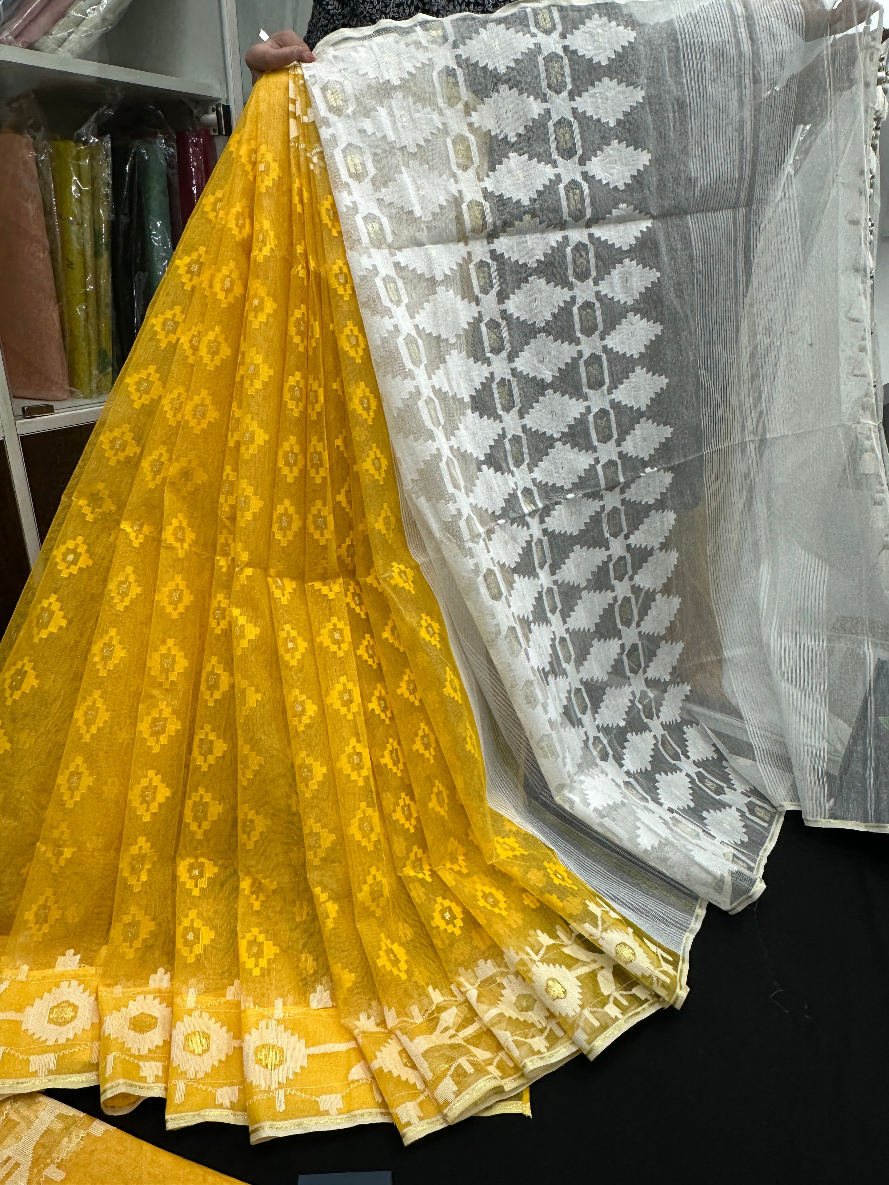Yellow Original Handloom Halfsilk Dhakai Jamdani Saree With Self Threads Work & White Threads Work