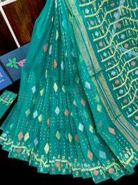 Sea green halfsilk jamdani saree with golden silver & copper jori work.