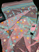Pink jamdani saree with blue white yellow orange threads work and blouse piece.