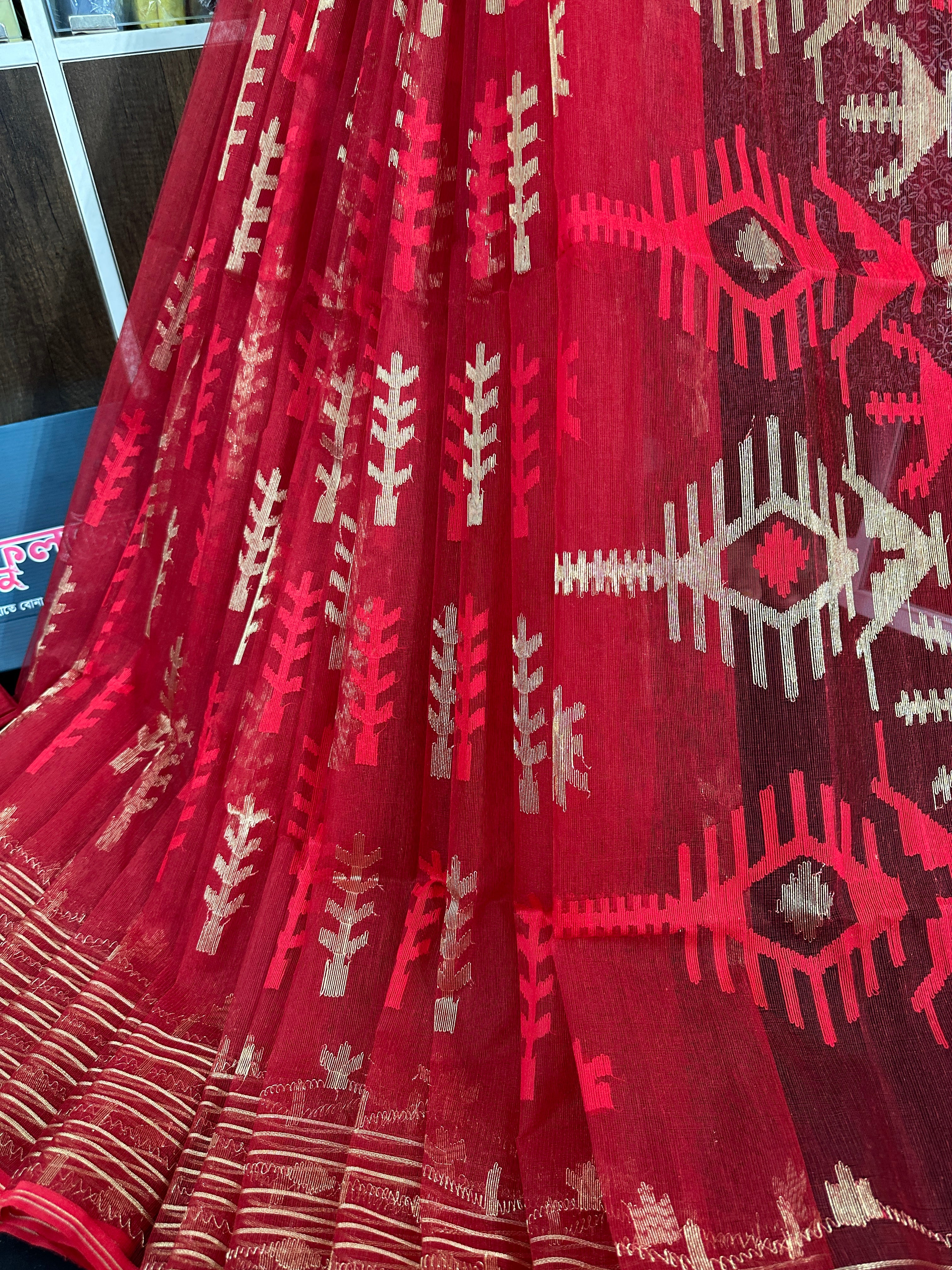 Red semi bridal halfsilk jamdani saree with golden jori work and red threads work