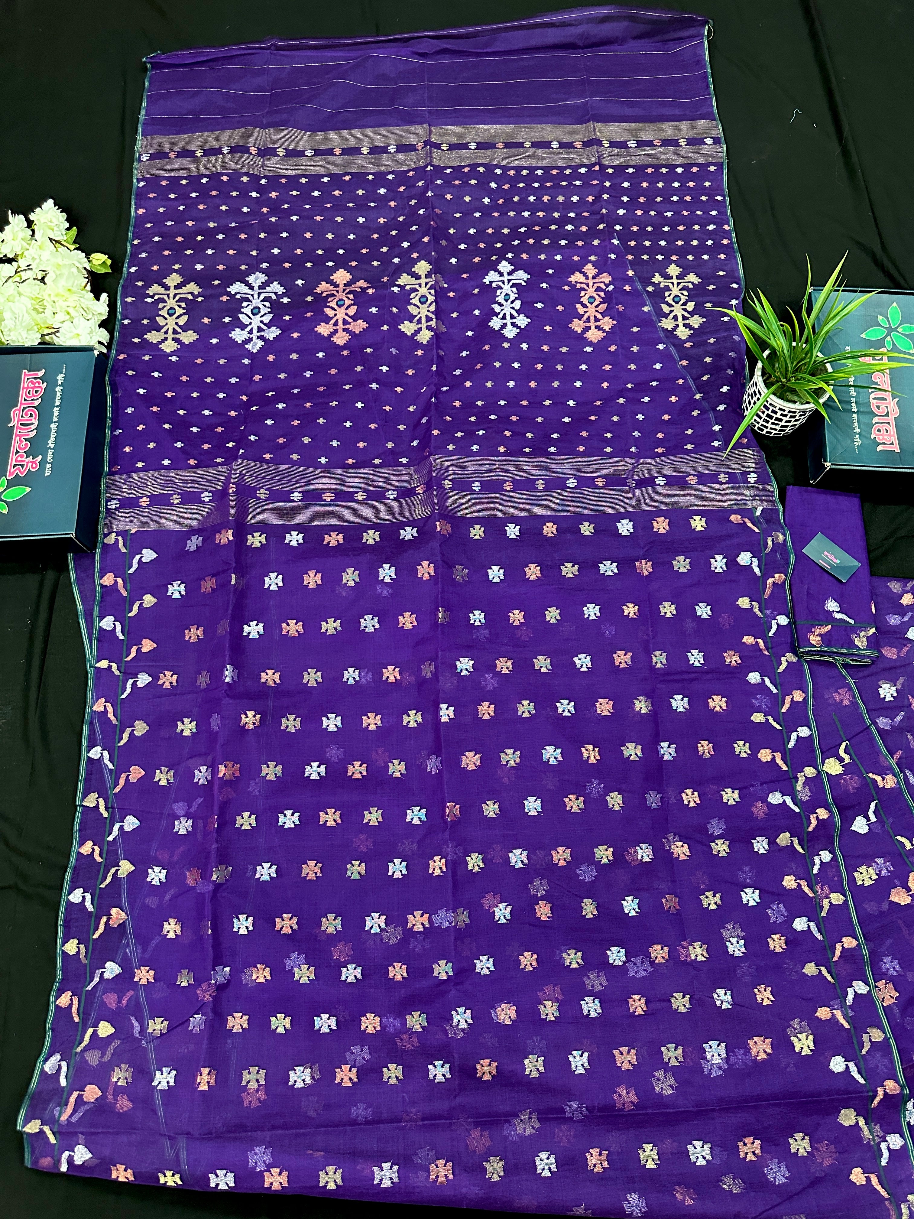 Purple halfsilk jamdani saree golden silver & copper jori work all over soft count.