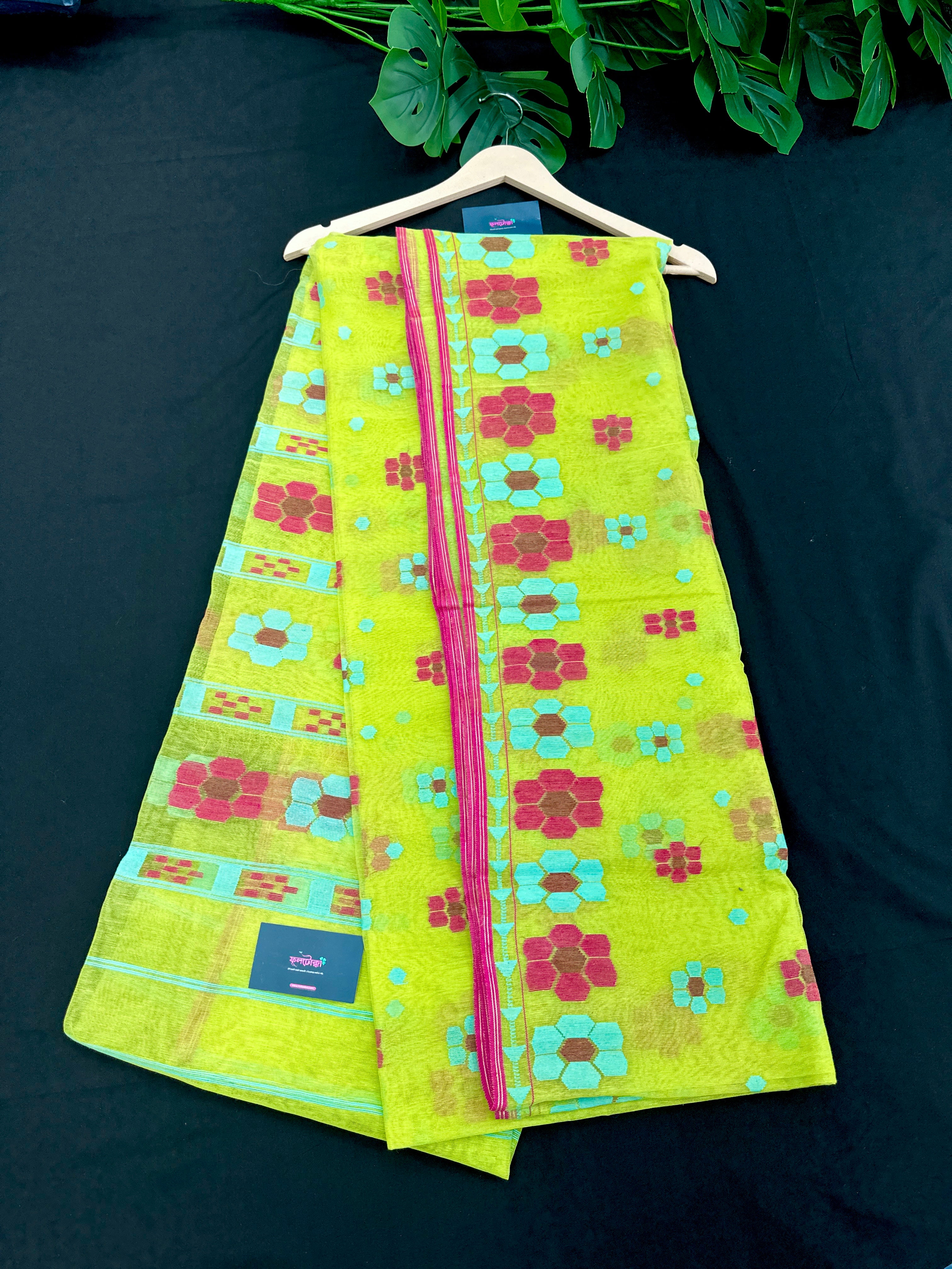 Bright Yellow jamdani saree With Multi Colour.