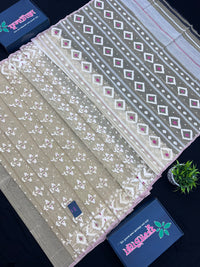 Creamy White Halfsilk Handloom Dhakai Jamdani Saree With White Thread Work & Pink Meena Work