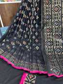 Black jamdani saree with golden silver and copper jori work and pink border
