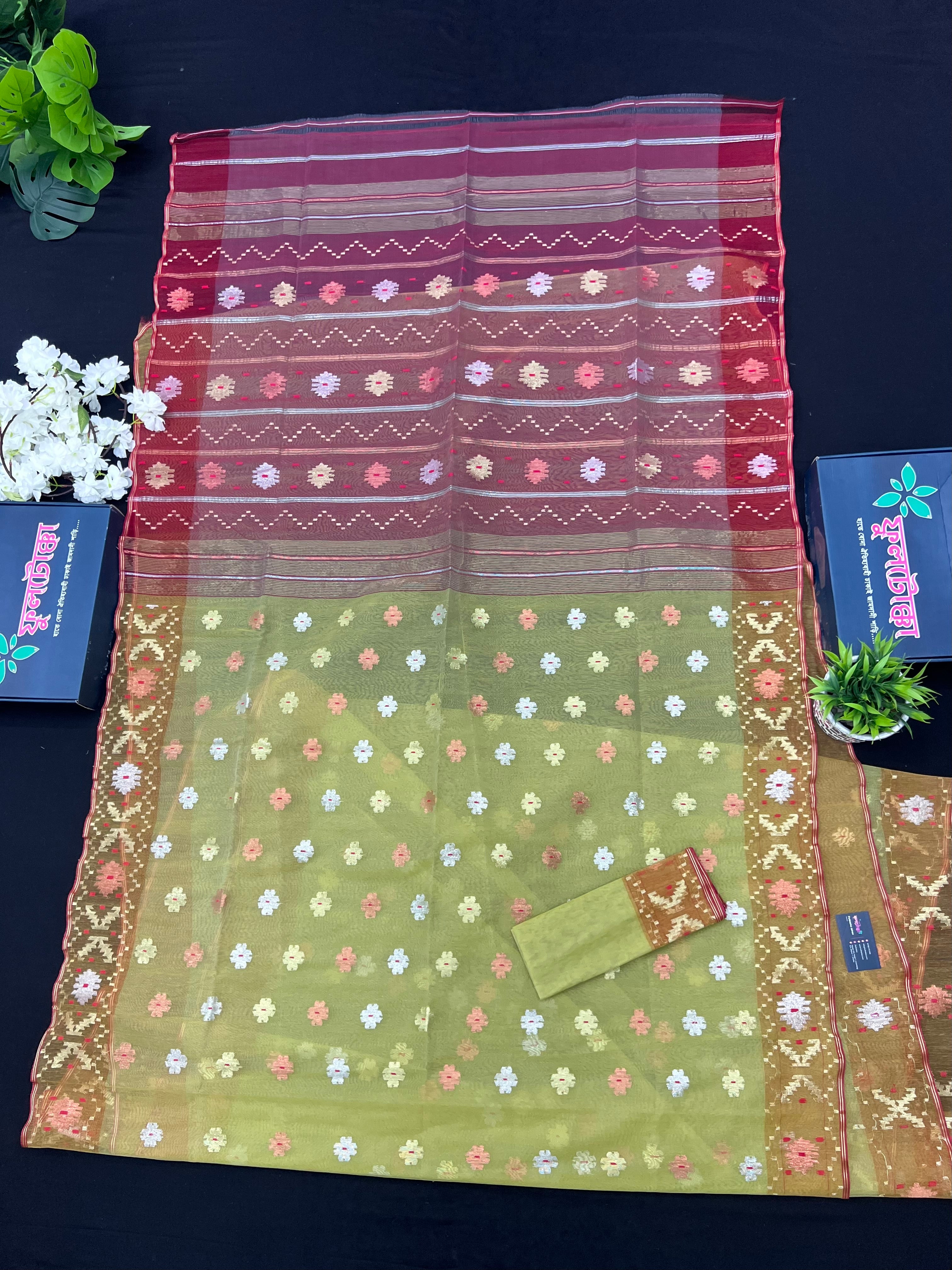 Green & Orange Colour Original Handloom Halfsilk Dhakai Jamdani With Golden Silver & Copper Jori Work