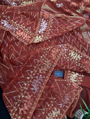Brown reshom halfsilk jamdani saree with golden silver & copper jori work.