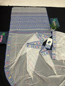 White cotton jamdani saree with blue yellow red green threads work& blouse piece.