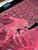 Peach pink jamdani saree with golden silver & copper jori work.