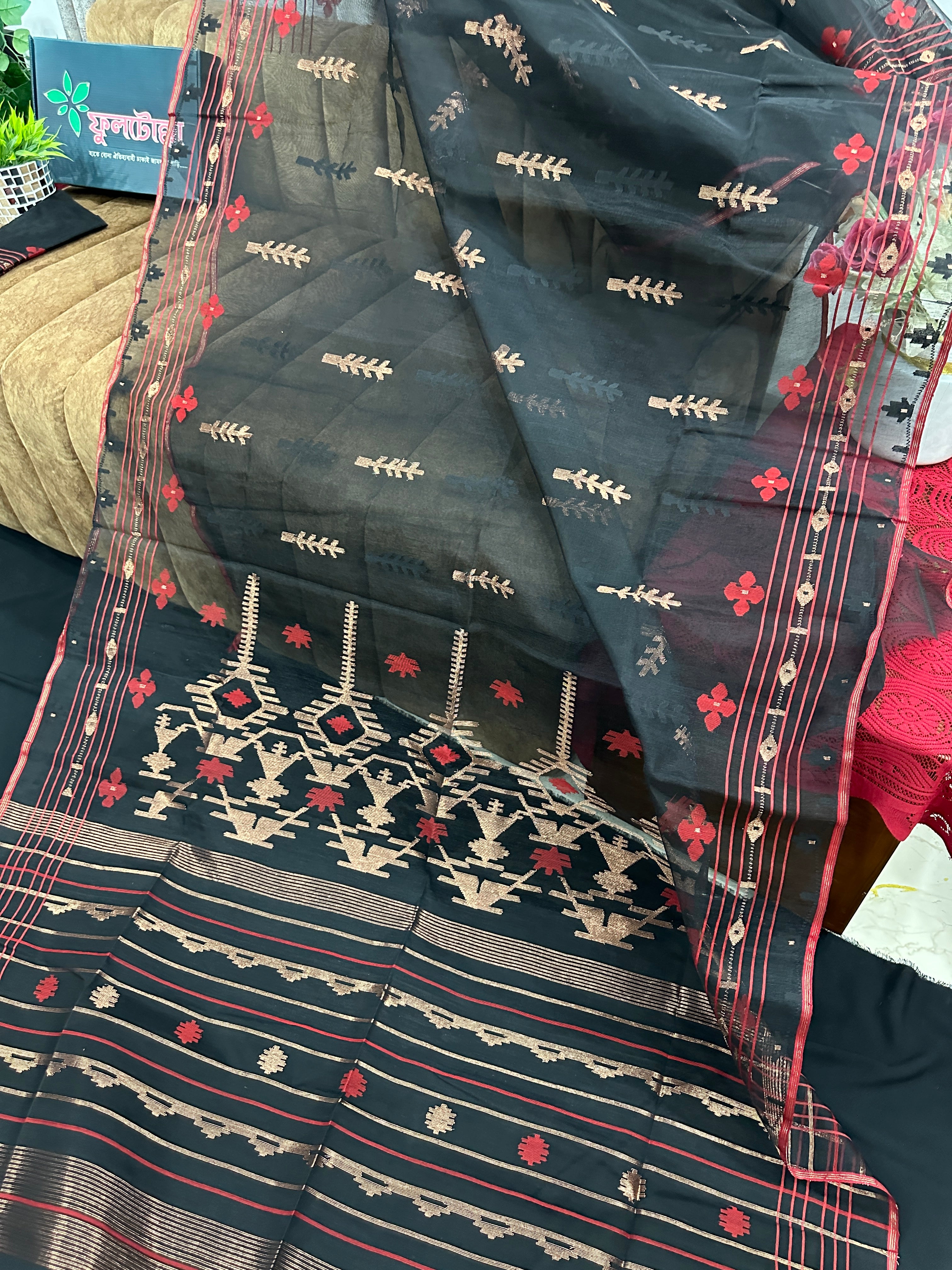 BLACK WITH RED BORDER JAMDANI