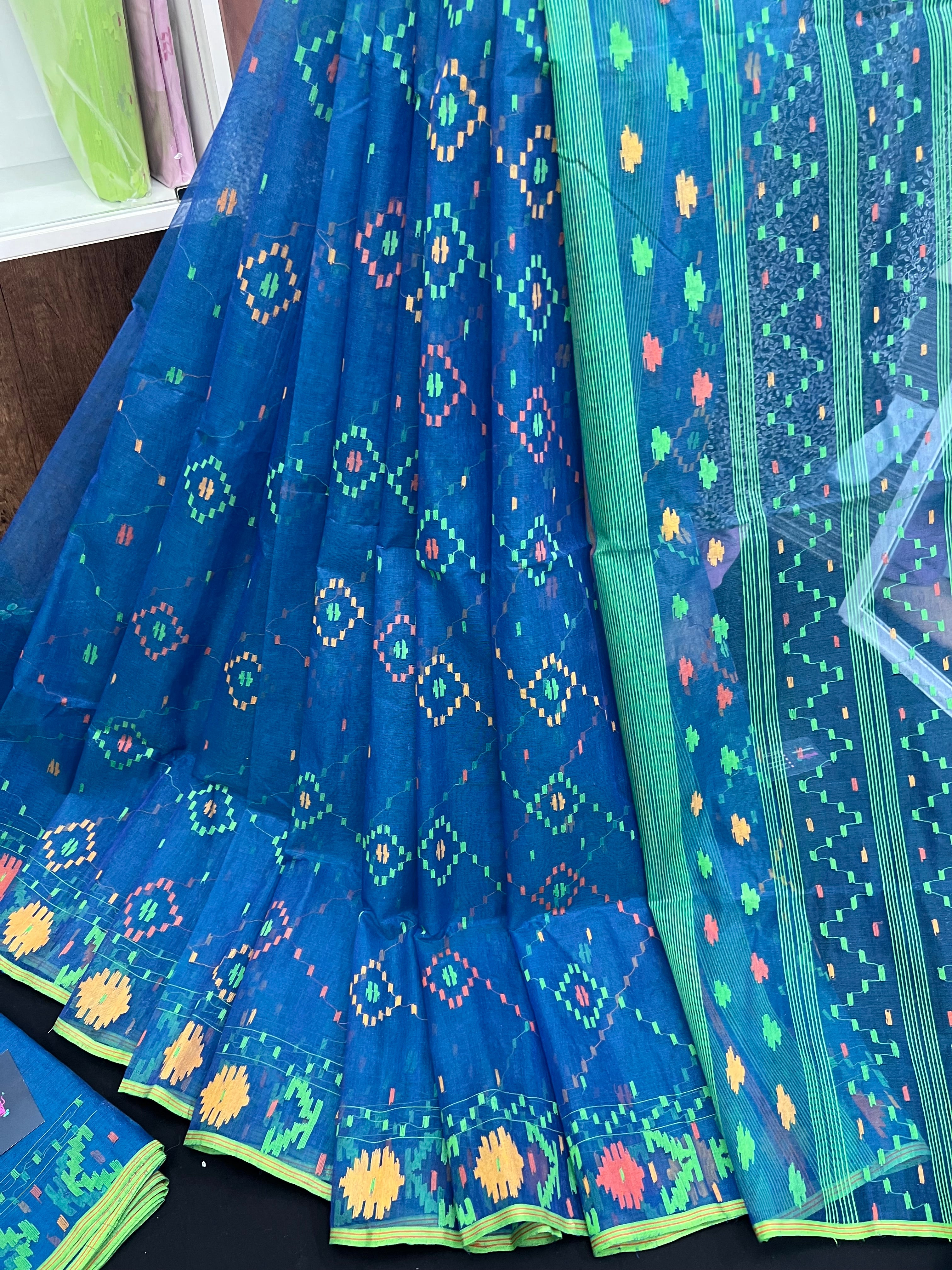 Sea Green Original Handloom Dhakai Jamdani With Orange Green & Yellow Threads Work