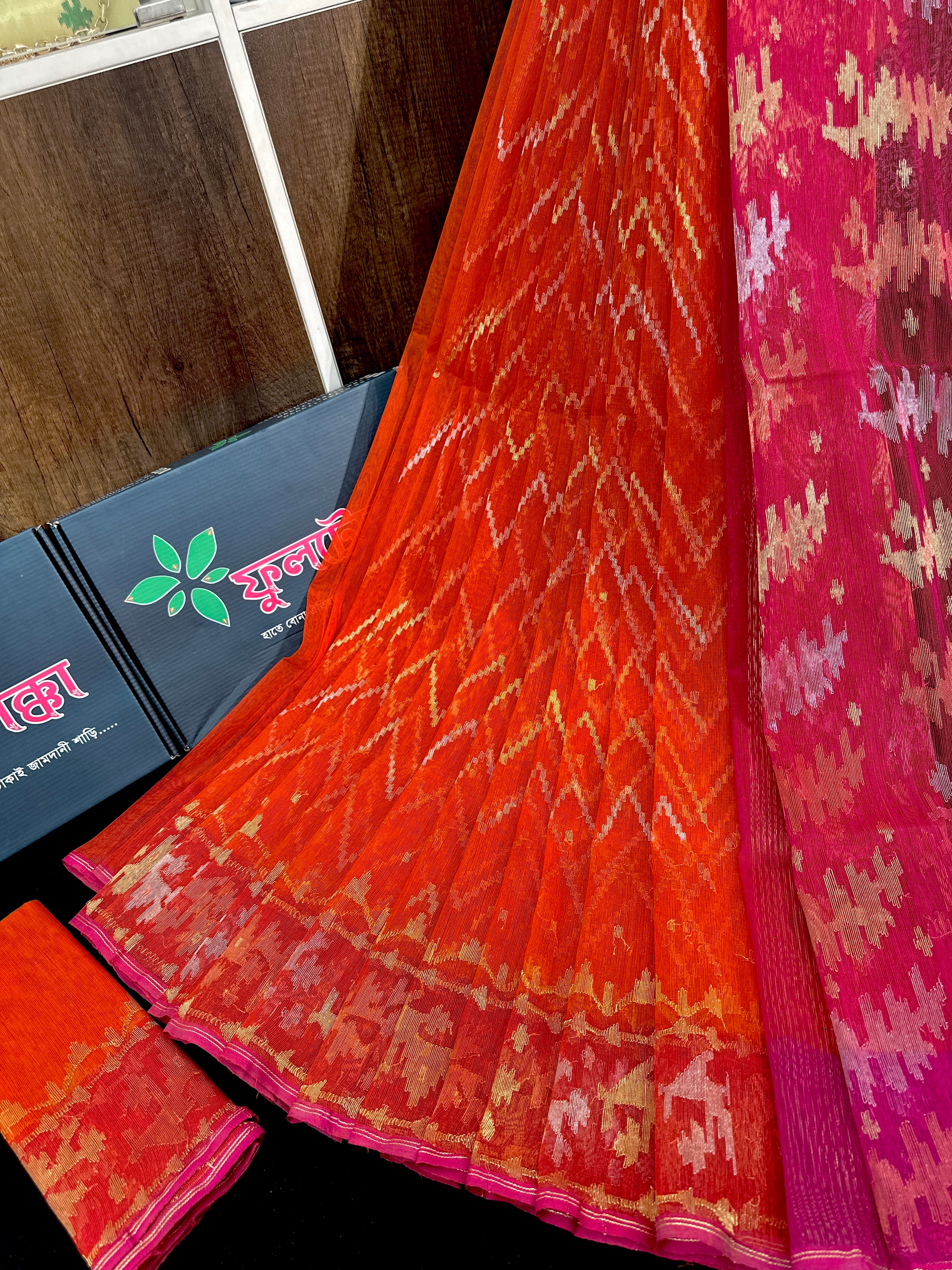 Orange halfsilk jamdani with magenta paar and golden silver & copper jori work