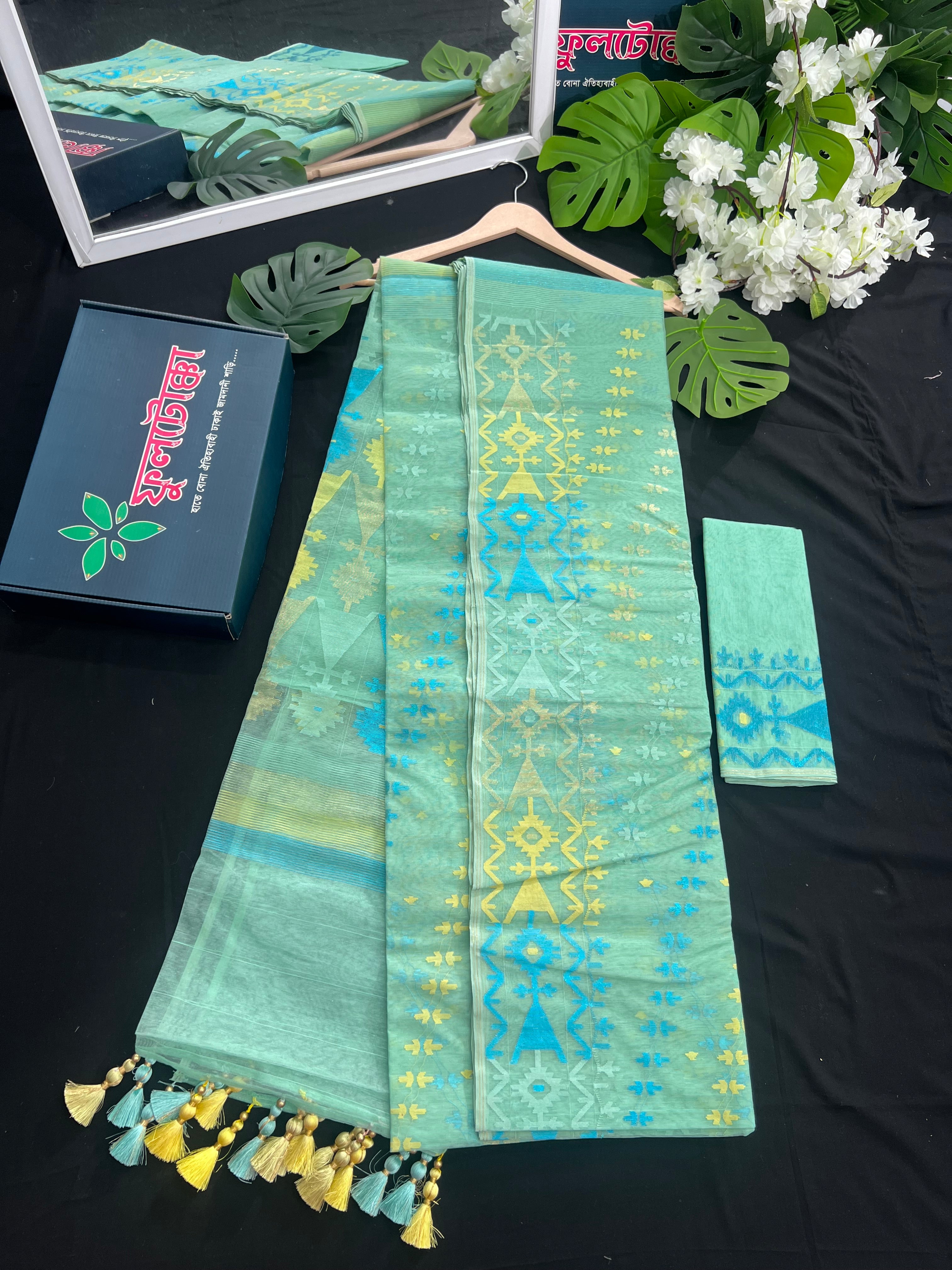 Pastel blue halfsilk jamdani saree with sky jori work and yellow threads work