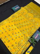 Yellow cotton jamdani saree with orange grey green blue colour threads work.