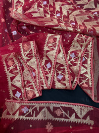 Red jamdani saree with golden jori all over work with blouse piece.
