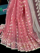 Pink cotton jamdani saree with white threads work and blouse piece