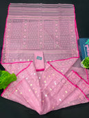 Pink colour handloom halfsilk original dhakai jamdani saree with golde jori work & self threads work