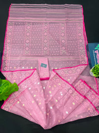 Pink colour handloom halfsilk original dhakai jamdani saree with golde jori work & self threads work
