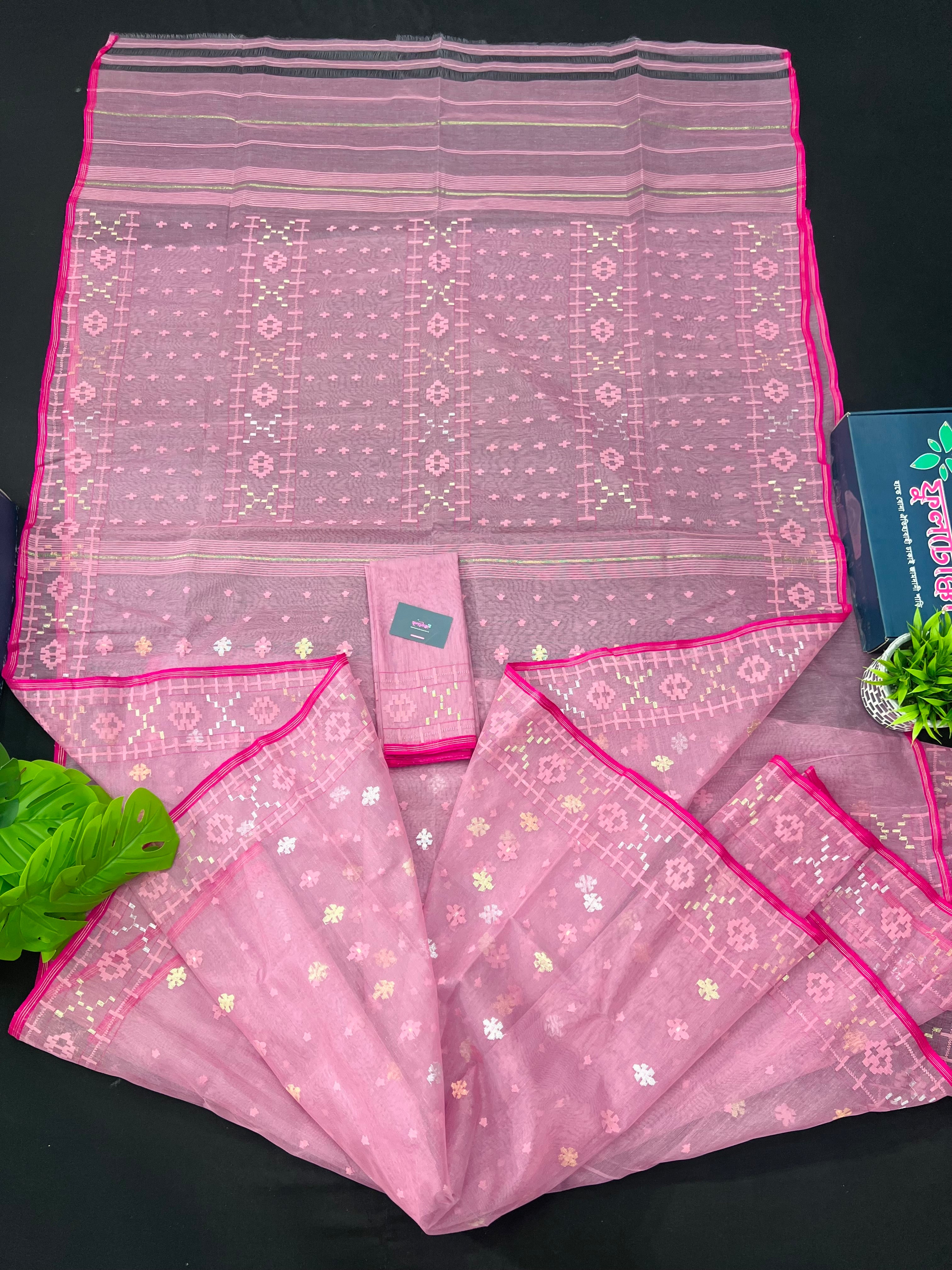 Pink colour handloom halfsilk original dhakai jamdani saree with golde jori work & self threads work