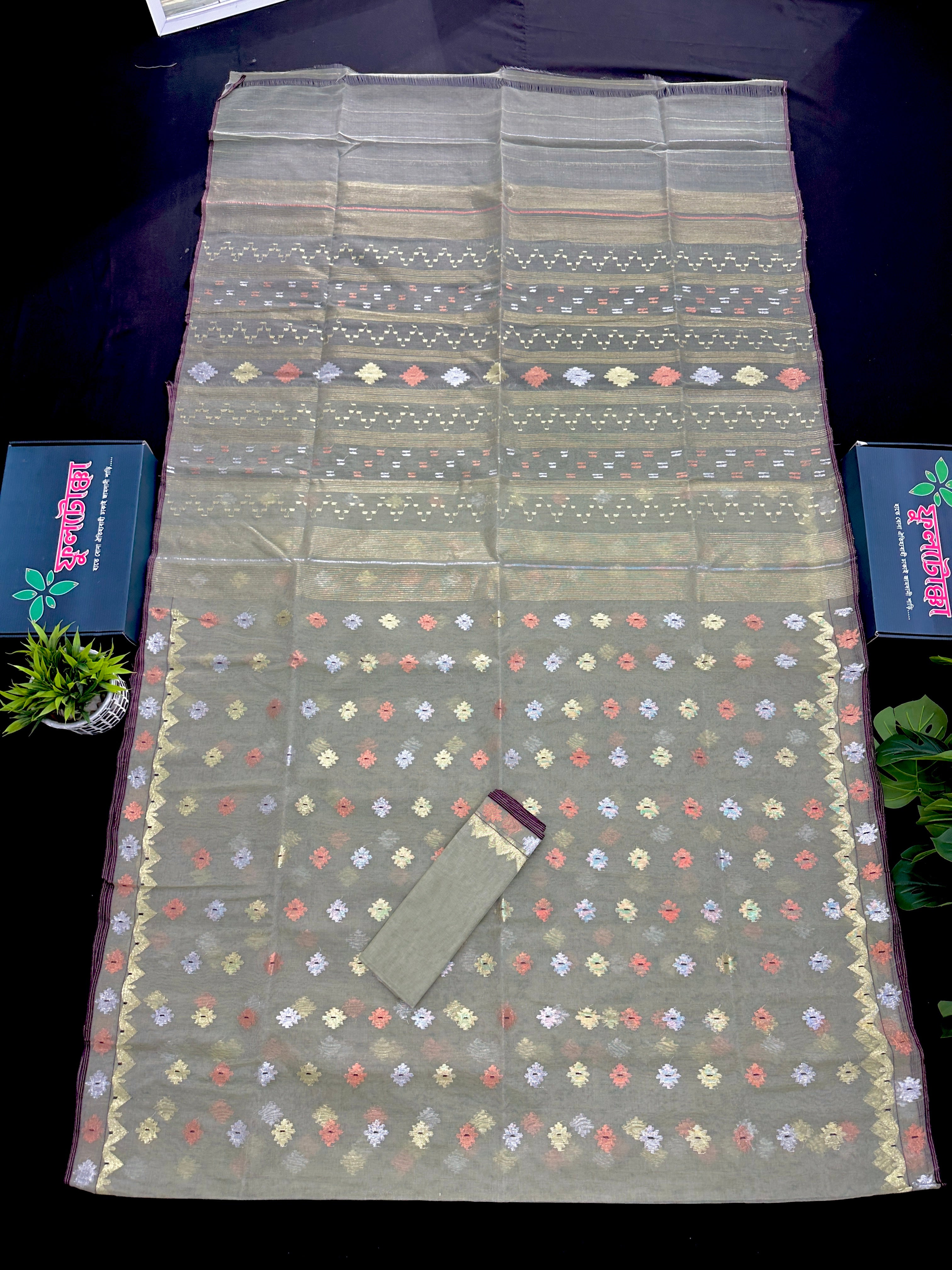 Olive halfsilk jamdani saree with golden silver & copper jori work