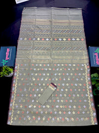 Olive halfsilk jamdani saree with golden silver & copper jori work