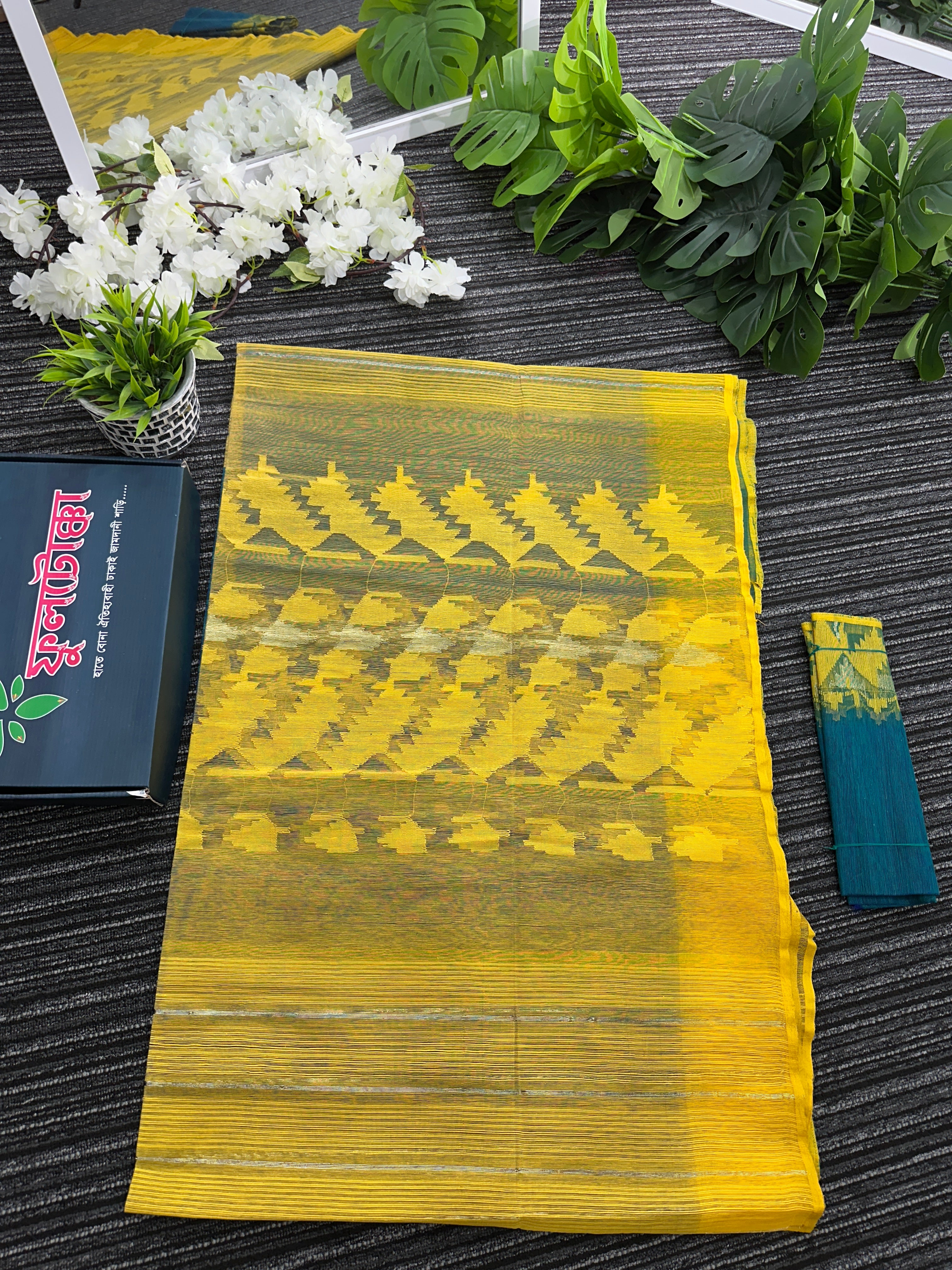 Sea green with yellow halfsilk jamdani with golden jori work and self threads work