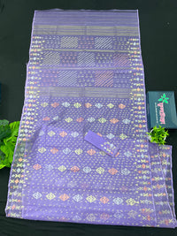 Lavender Colour Original Handloom Halfsilk Dhakai Jamdani With Golden Silver & Copper Jori Work