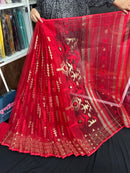 Red semi bridal halfsilk jamdani saree with golden jori work and red threads work
