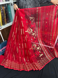 Red semi bridal halfsilk jamdani saree with golden jori work and red threads work