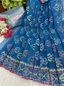 Peacock blue handloom original dhakai Jamdani saree with golden silver & copper jori wori work