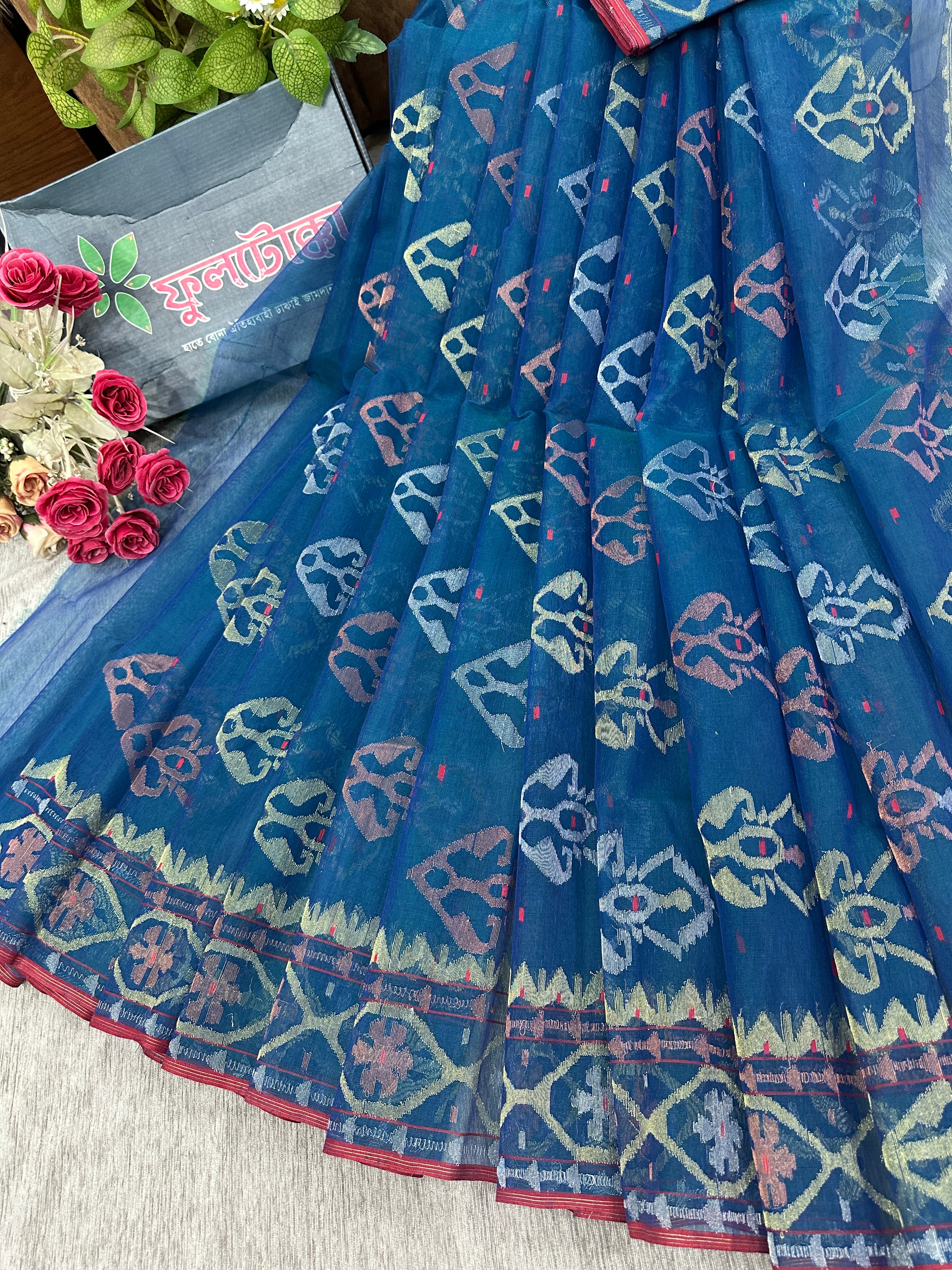 Peacock blue handloom original dhakai Jamdani saree with golden silver & copper jori wori work