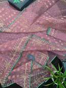 Onion colour jamdani saree with pink meena and green border.