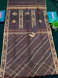 Brown colour jamdani saree with brown & off white threads work.