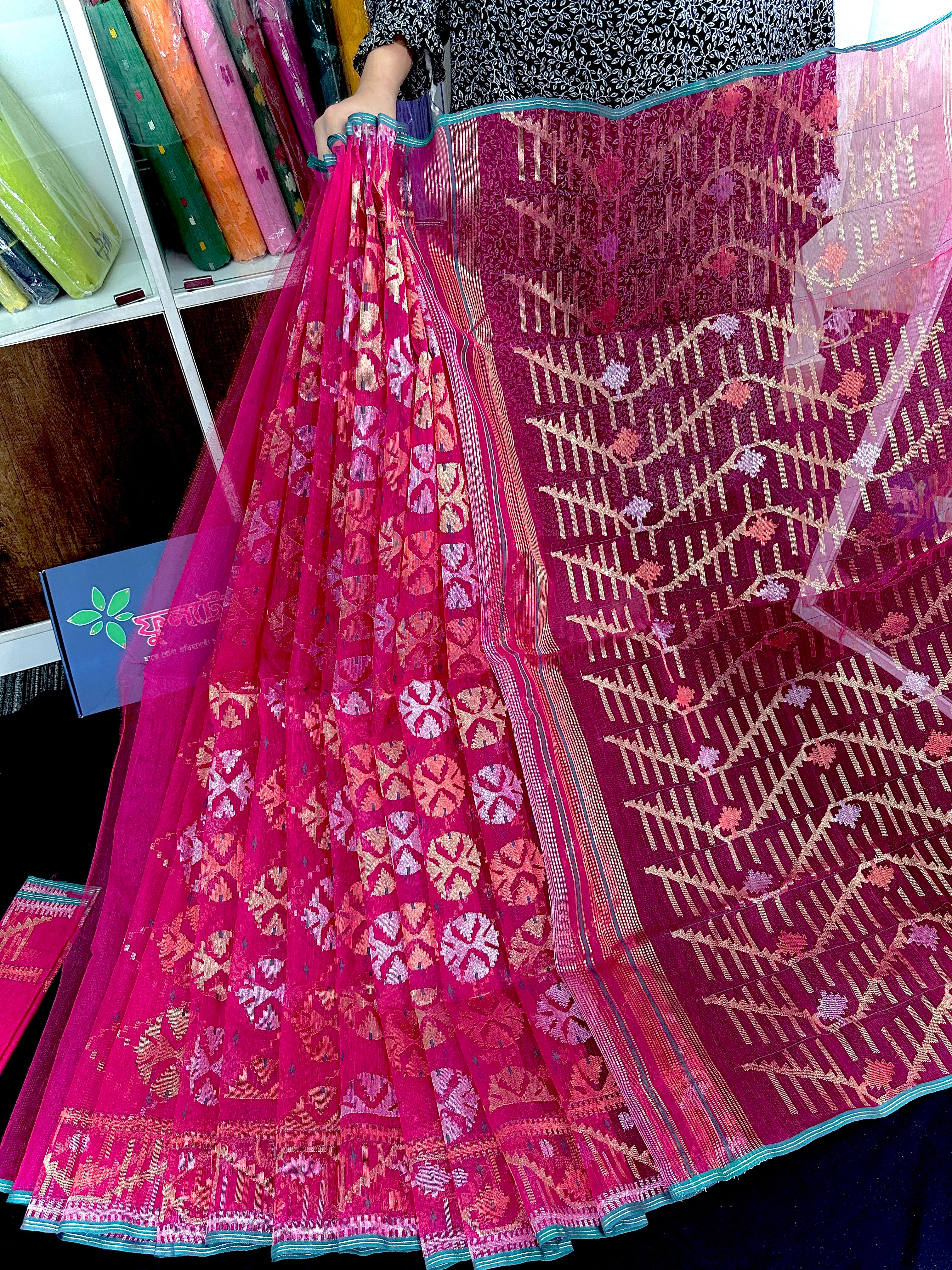 Raani golapi exclusive halfsilk jamdani saree with golden silver & copper jori work