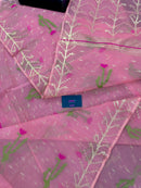 Rosy pink dhakai jamdani saree with golden jori work green thread work and pink flower soft count