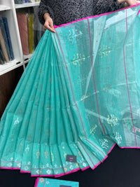 Aqua blue halfsilk handloom original dhakai jamdani saree with golden silver & copper jori work