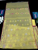 Pastel yellow dhakai jamdani saree with yellow threads silver & copper jori work all over work soft count.