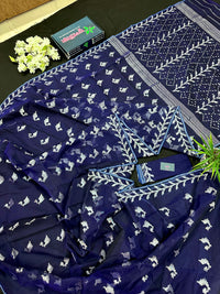 Navy blue jamdani saree with silver jori work soft threads all over work.