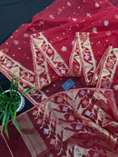 Red jamdani saree with golden jori all over work with blouse piece.