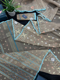 Dull Brown dhakai jamdani saree with golden silver & copper jori work all over work soft count