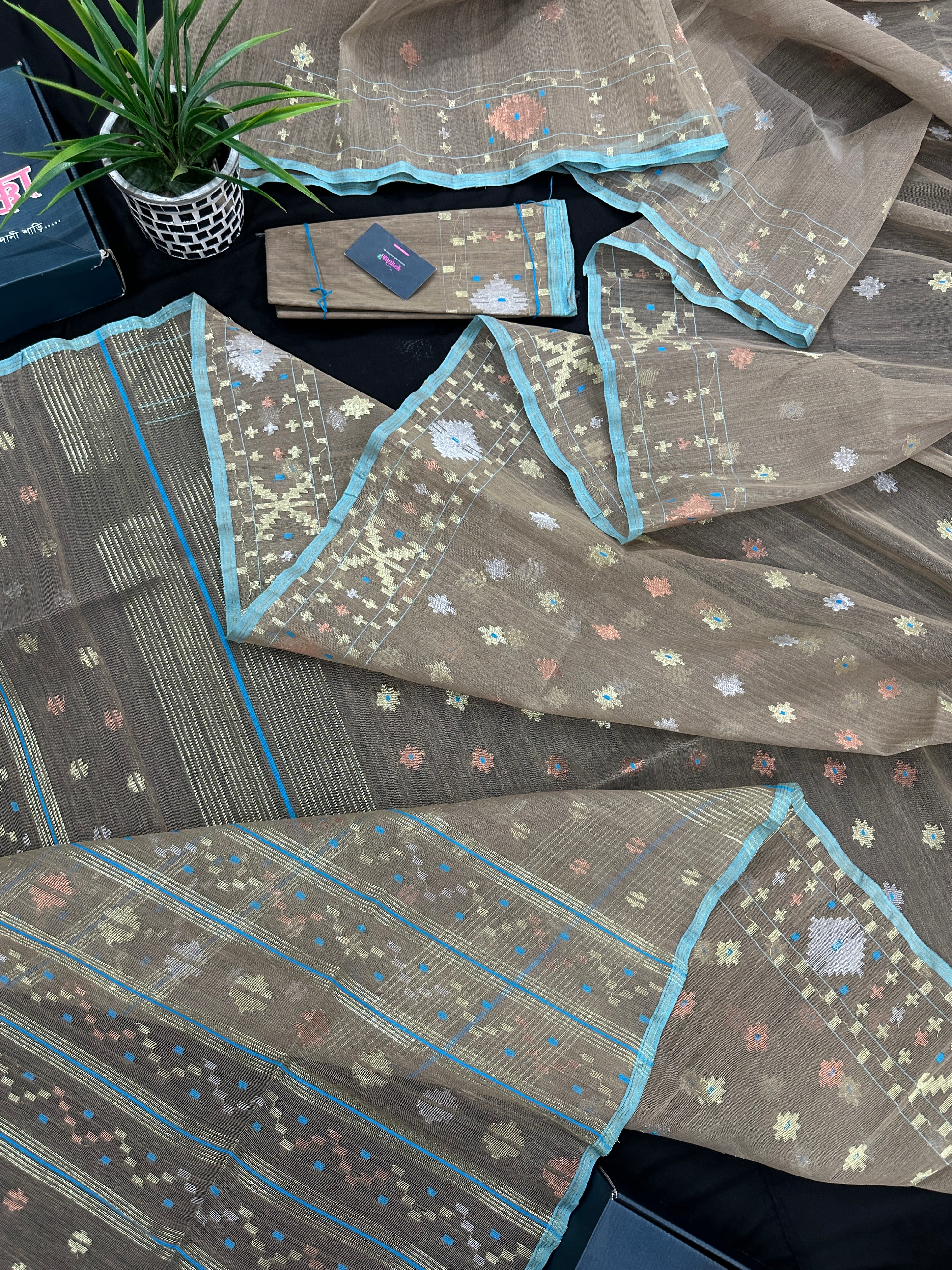 Dull Brown dhakai jamdani saree with golden silver & copper jori work all over work soft count