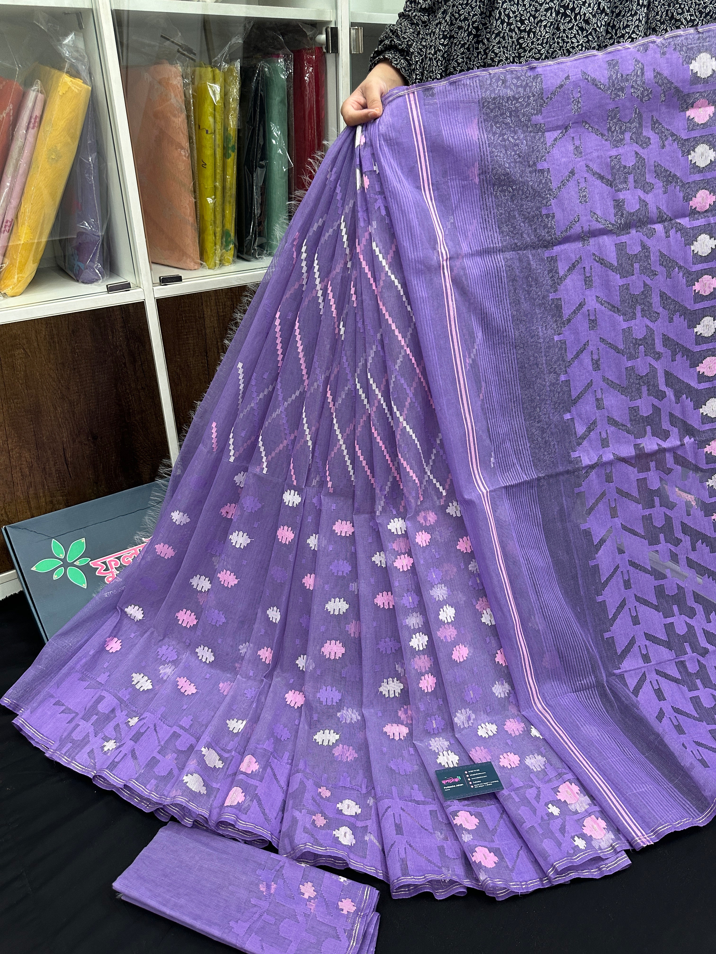 Deep Lavender Original Handloom Halfsilk Dhakai Jamdani Saree With Multiple Threads Work