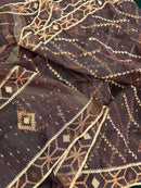 Brown colour jamdani saree with brown & off white threads work.
