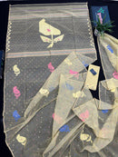 Baby yellow halfsilk jamdani saree with blue pink baby yellow threads work.