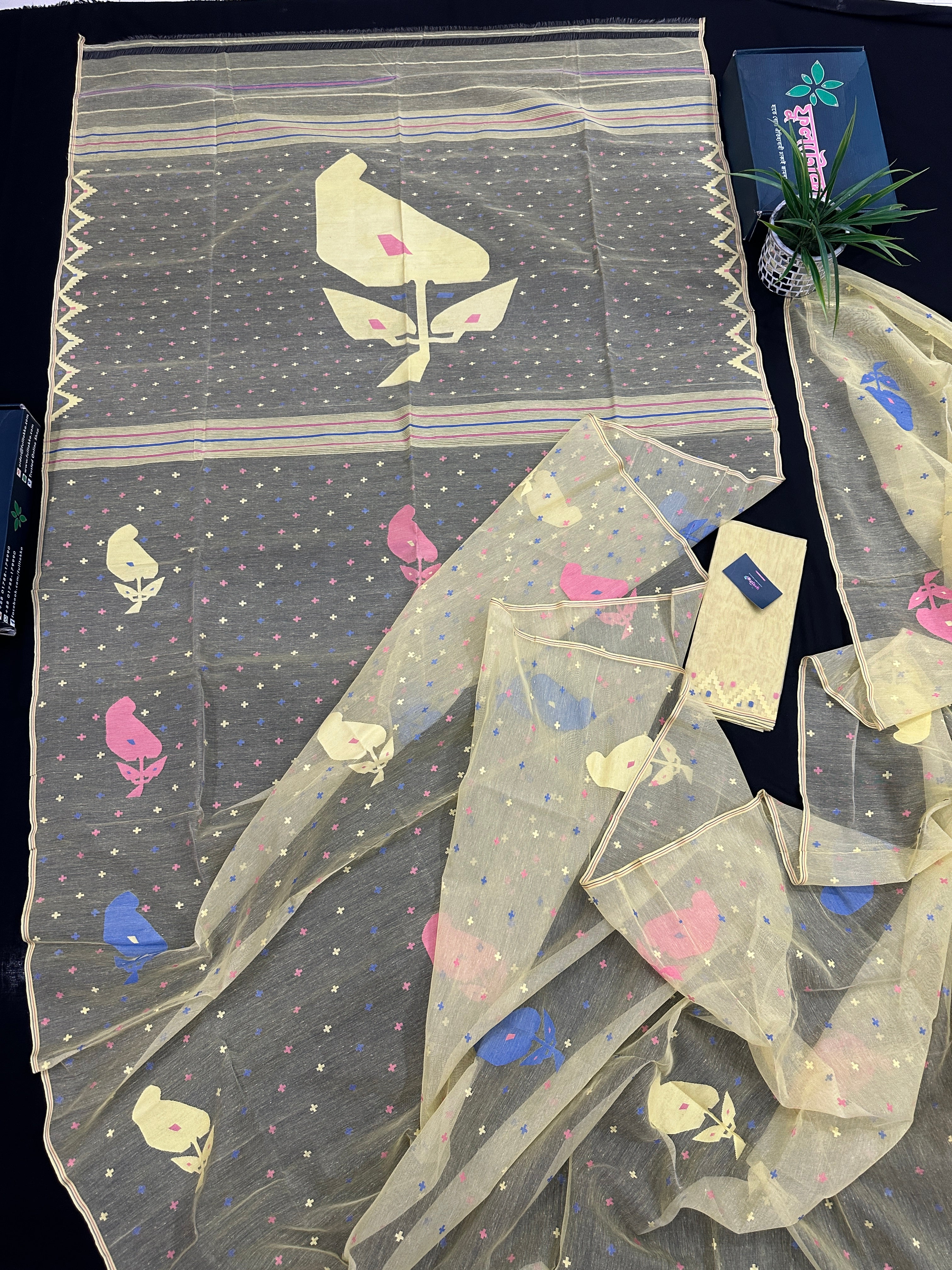 Baby yellow halfsilk jamdani saree with blue pink baby yellow threads work.