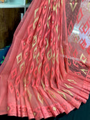 Georgia peach halfsilk jamdani saree with self threads work and golden jori work