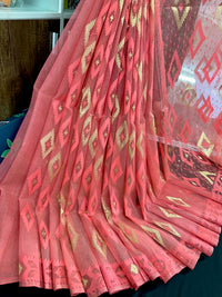 Georgia peach halfsilk jamdani saree with self threads work and golden jori work