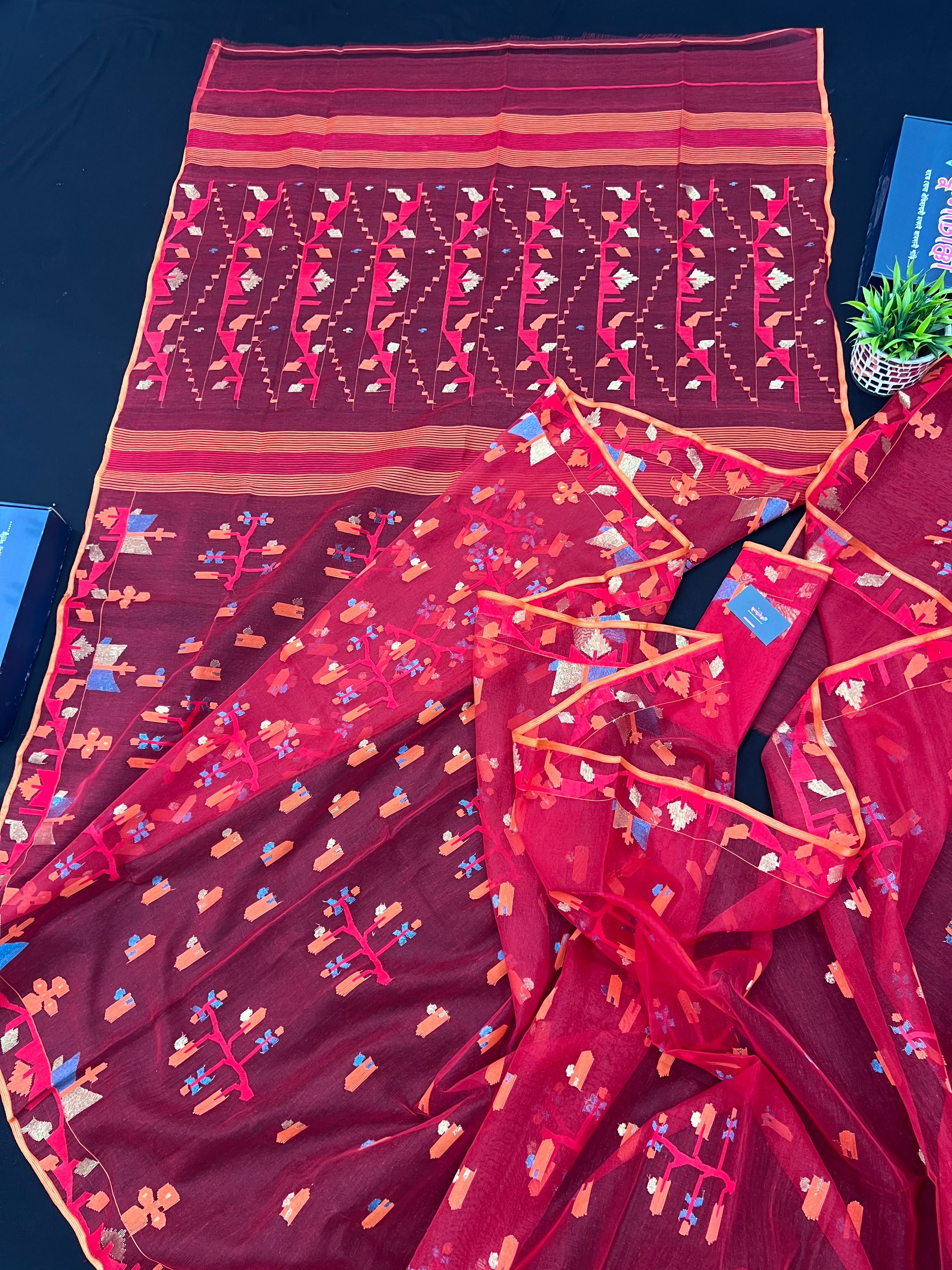 Cherry Red Original Handloom Halfsilk Dhakai Jamdani Saree