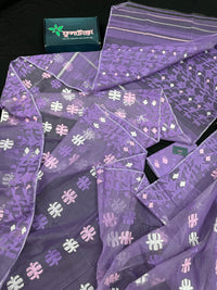 Lavender Jamdani Saree With White Pink Lavender Threads Work.