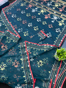 Blue Colour Original Handloom Halfsilk Dhakai Jamdani Saree With Golden Silver & Copper Jori Work