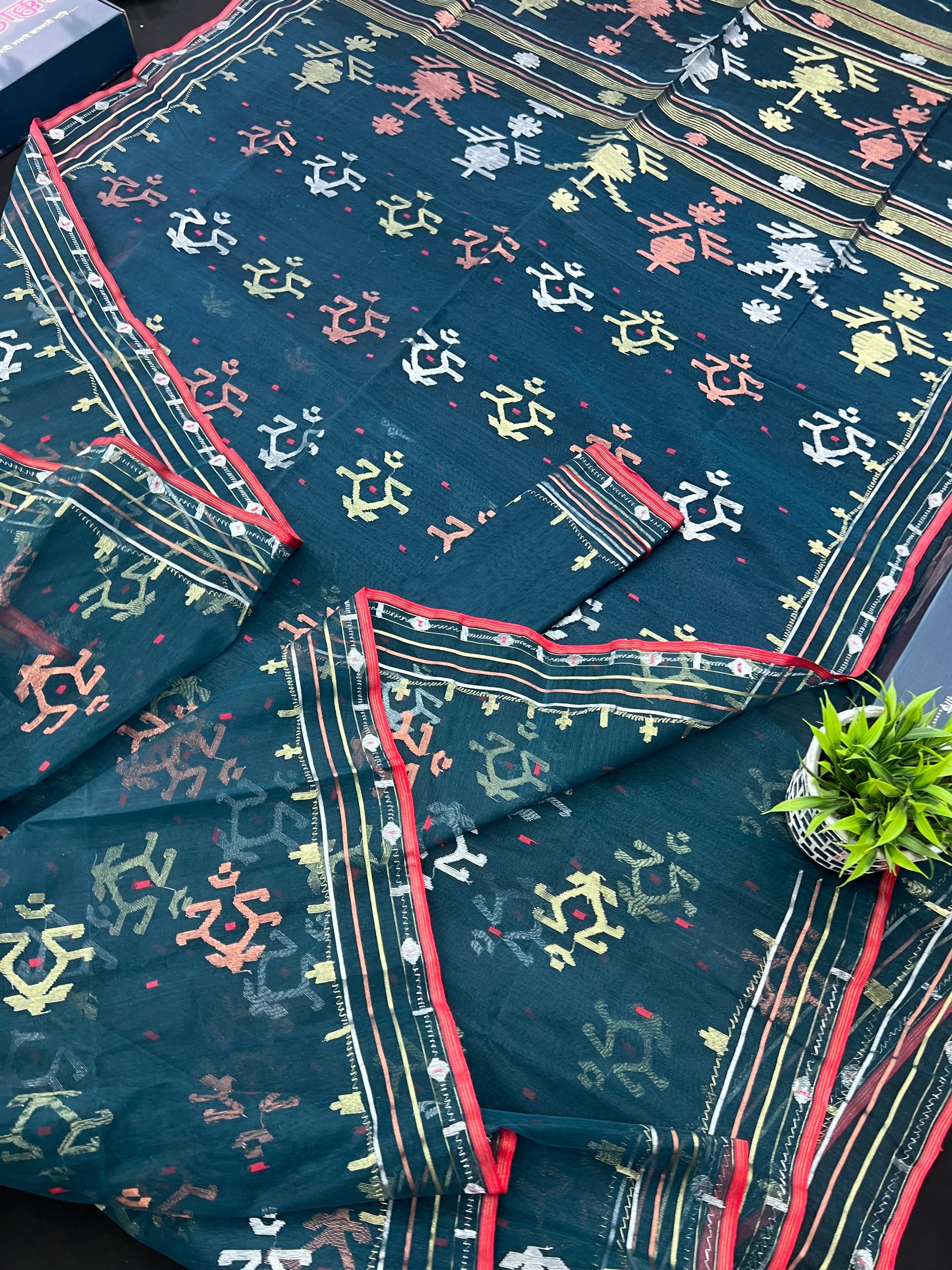 Blue Colour Original Handloom Halfsilk Dhakai Jamdani Saree With Golden Silver & Copper Jori Work